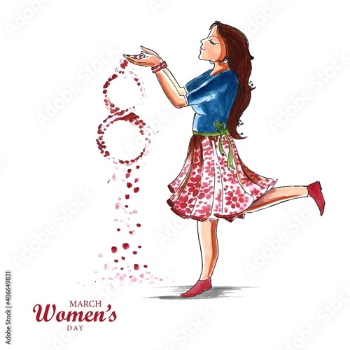 Beautiful happy womens day lady in joy celebration card background