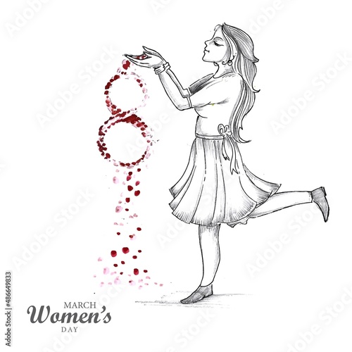 Beautiful happy womens day lady in joy sketch card design
