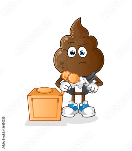 human shit head cartoon judge holds gavel. character vector