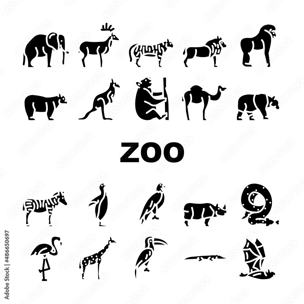 Zoo Animals, Birds And Snake Icons Set Vector. Tiger And Elephant, Bear And Panda, Zebra And Kangaroo, Toucan And Eagle, Crocodile And Giraffe Zoo Animals Glyph Pictograms Black Illustrations