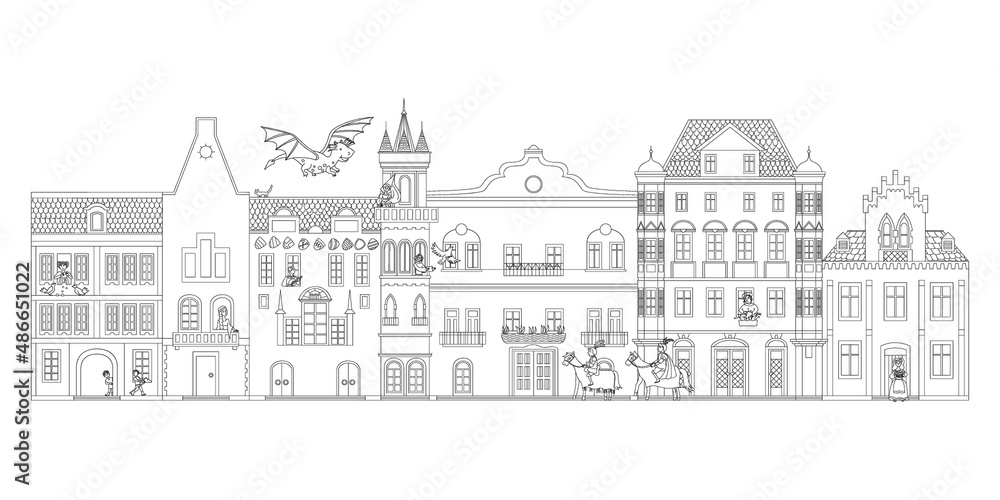 Vector medieval town doodle.Vector line illustration.Coloring  book. Fairy houses with princess and dragon.