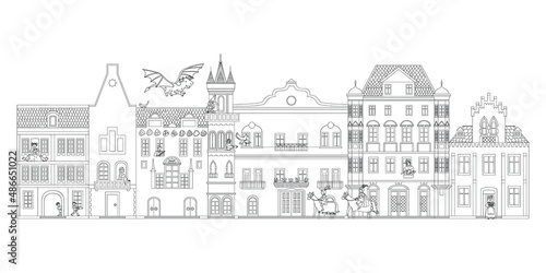 Vector medieval town doodle.Vector line illustration.Coloring book. Fairy houses with princess and dragon.