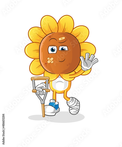 sunflower head cartoon sick with limping stick. cartoon vector