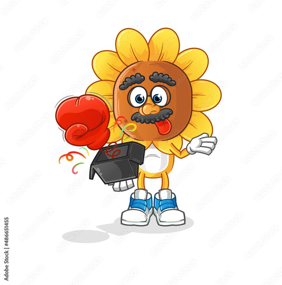 sunflower head cartoon prank glove in the box. cartoon mascot