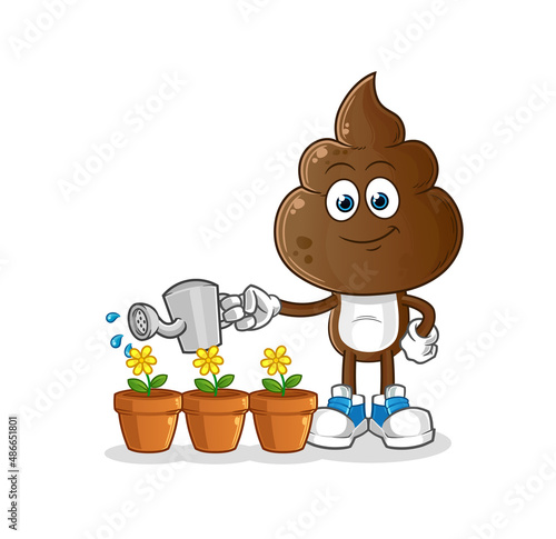 human shit head cartoon watering the flowers mascot. cartoon vector
