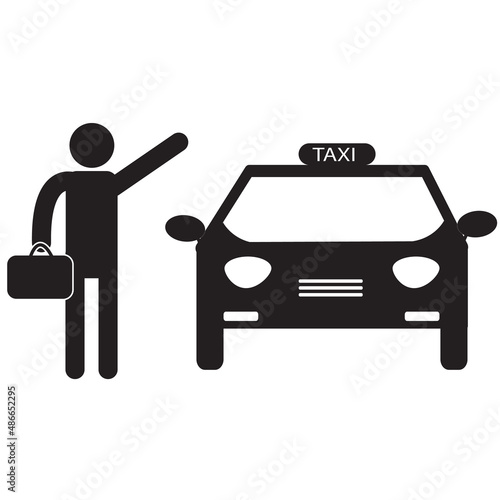 person catching taxi icon on white background. taxi sign. passenger waving taxi with suitcase. people and taxi sign. flat style.