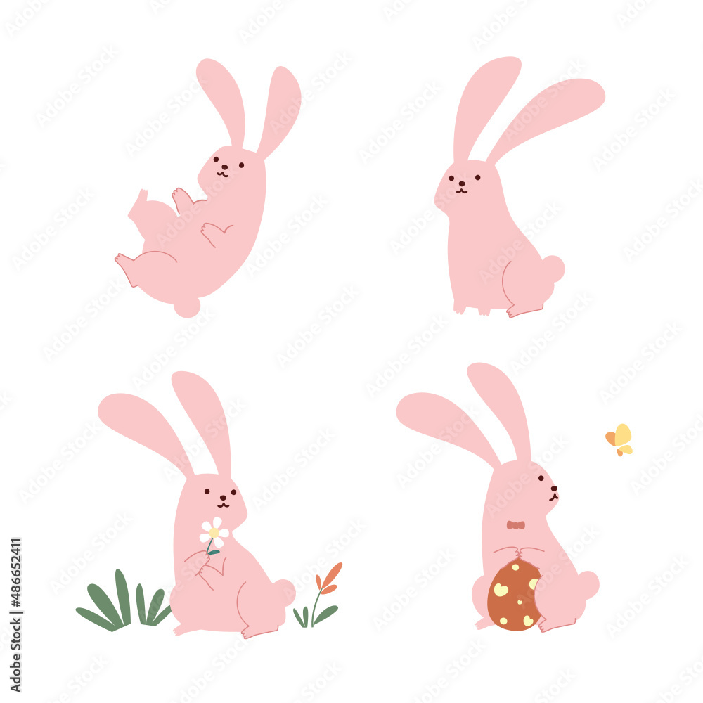 Set of cute pink rabbit cartoon character flat vector illustration isolated on white background. Happy Easter. Cute pastel animal character. Set of cute pink rabbit cartoon character flat vector illustration isolated on white background. Happy Easter. Cute pastel animal character.