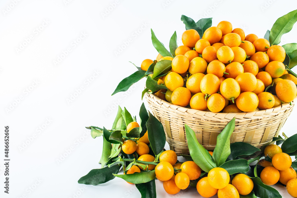 Bamboo basket full of fresh kumquats
