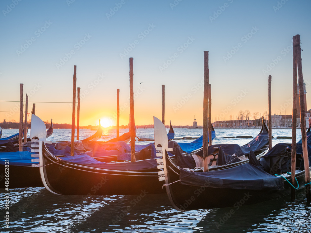 Gondolas Moored at Sunrise on Riva degli Schiavoni, Sestiere San Marco, Venice