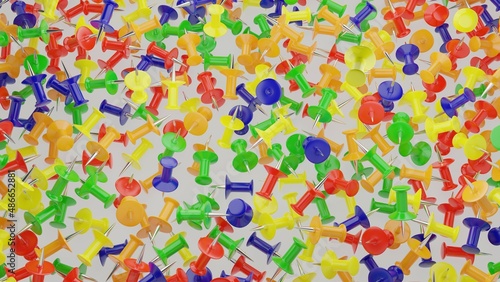 3d render  3d background image of bright multicolored pushpins on a white background.