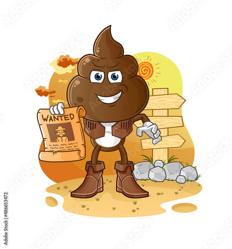 human shit head cartoon cowboy with wanted paper. cartoon vector