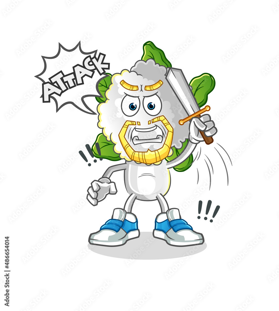 cauliflower head cartoon knights attack with sword. cartoon vector