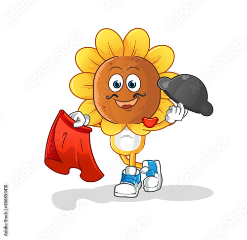 sunflower head cartoon matador with red cloth illustration. character vector