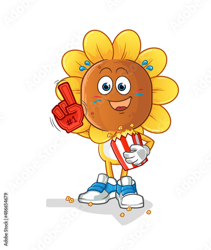 sunflower head cartoon fan with popcorn illustration. character vector