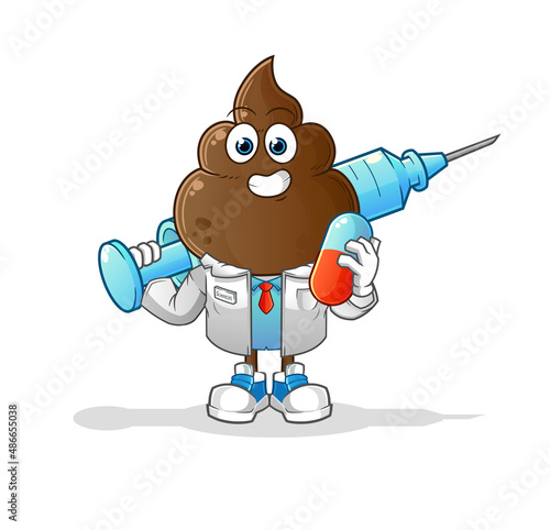 human shit head cartoon doctor holding medichine and injection