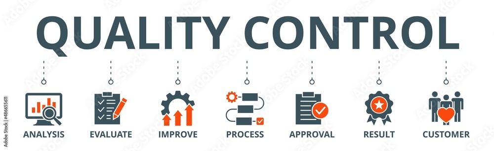 Quality control banner web icon vector illustration concept for product and service quality inspection with an icon of analysis, evaluation, improve, process, approval, result, and customer Quality control banner web icon vector illustration concept for product and service quality inspection with an icon of analysis, evaluation, improve, process, approval, result, and customer