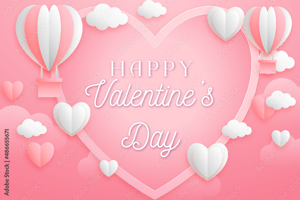 Valentine's Day background with hearts, clouds and balloons. Banner or greeting card. Romantic background.