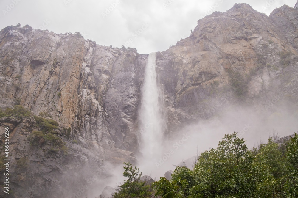 Waterfall in Yosemite on a rainy day , California, USA