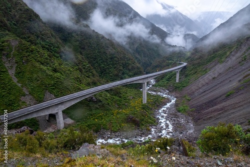 Scenic Viaduct on rainy, foggy day in Artur's Pass, New Zealand