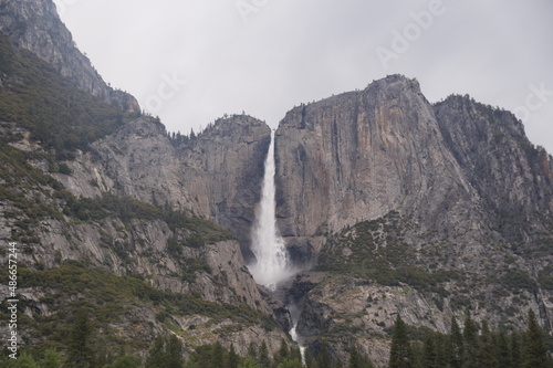 Waterfall in Yosemite on a rainy day 