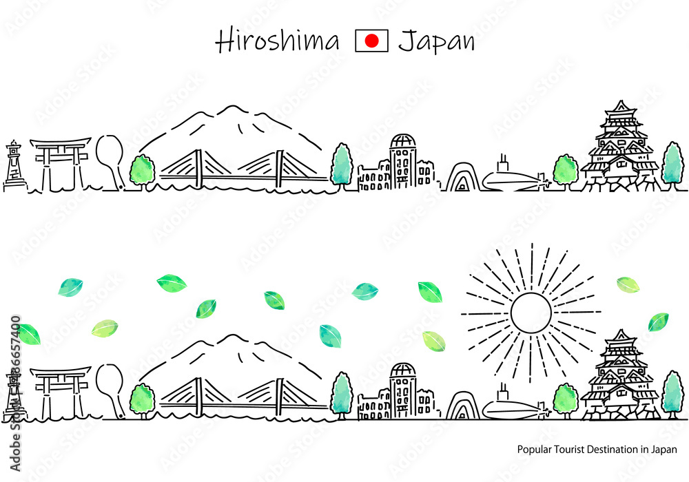 手描きの夏の広島県の観光地の街並みシンプル線画セット