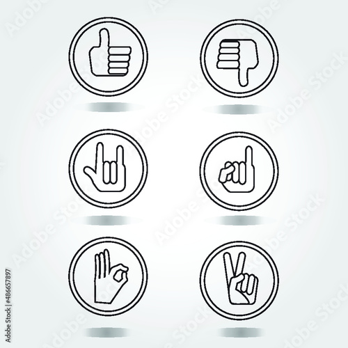 hand icon set like, unlike, love, okay, victory, reconcile symbols.