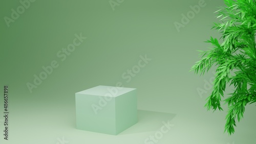 3d podium with green tree. Podum for product advertisement. photo