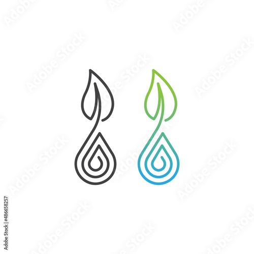 Hydroponics, leaf plant with water drop. Vector outline icon template