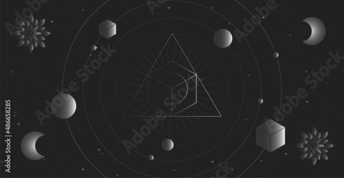 Abstract mystical shapes on a black background. Esoteric symbols, imitation of planets.