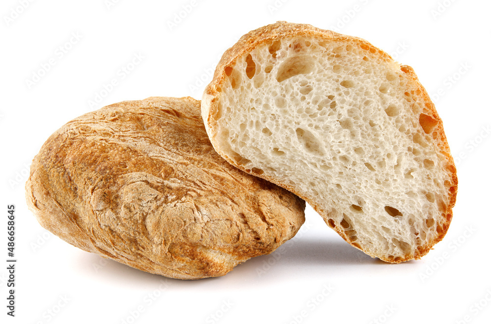 Ciabatta, loaf of bread cut in half isolated on white background.