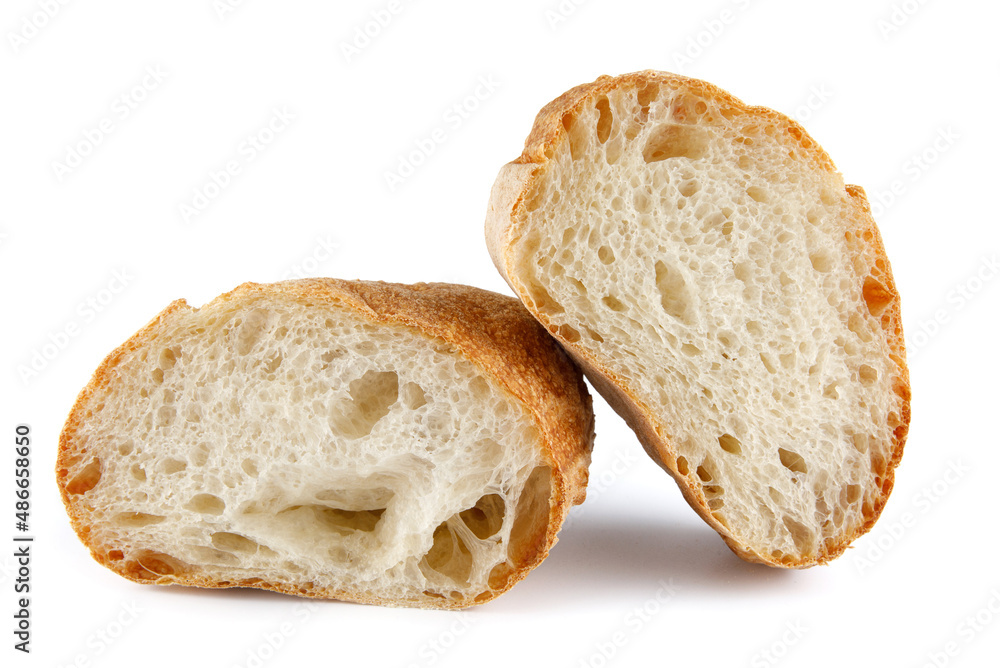 Ciabatta, loaf of bread cut in half isolated on white background.