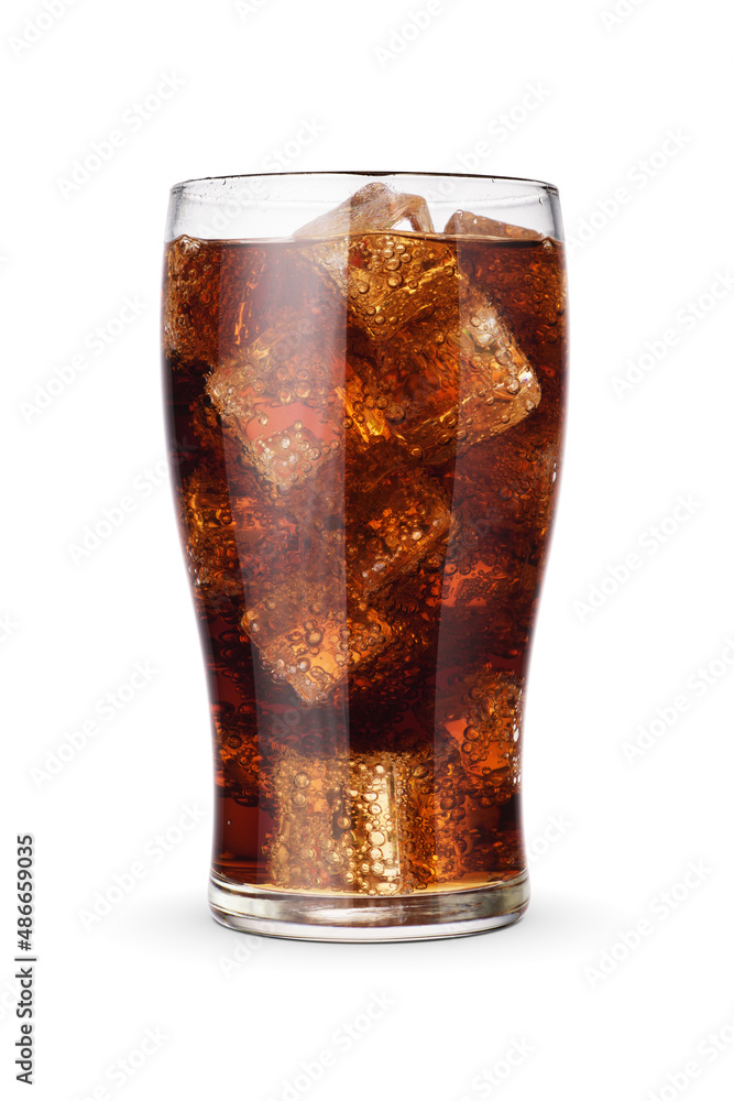 Cola in the glass with ice cubes isolated on white