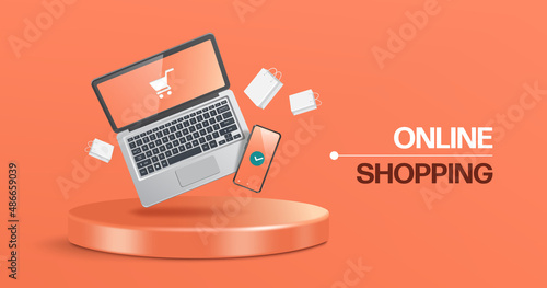 computer laptop with shopping cart icon on screen and a mobile phone with an order confirmation icon on the screen floating in the air above round podium,vector 3d isolated on pastel orange background
