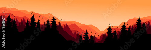 mountain landscape with forest silhouette flat design vector illustration for background, banner, backdrop, tourism design, apps background and wallpaper