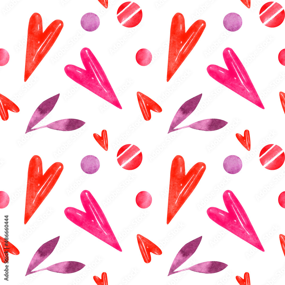 An endless pattern with different watercolor hearts. Postcard design and fabric print. An endless pattern with different watercolor hearts. Postcard design and fabric print.
