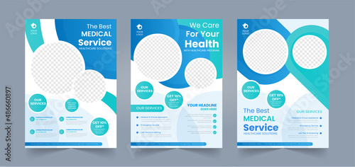 Medical poster or flyer pamphlet brochure design layout with editable photo background blue and green coronavirus vaccine for hospital and doctor clinic promotional template