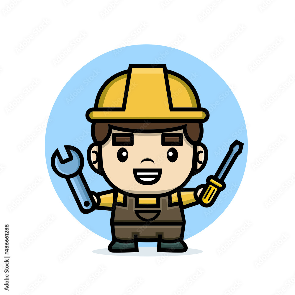 Cute characters builder holding screwdriver and wrench