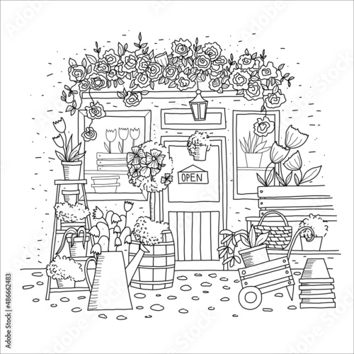 Cute summer and spring flower shop with roses, tree, door and window. Hand drawn coloring page.