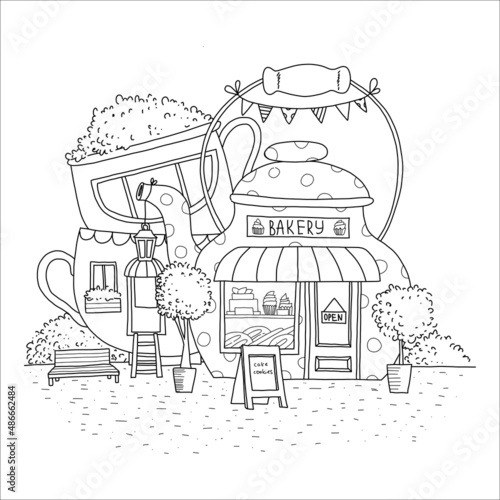 Cute summer and spring bakery shop with trees, cakes, cup and kettle. Hand drawn coloring page.