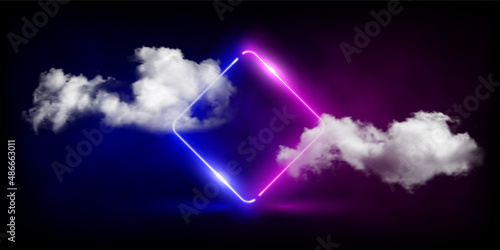 Neon rhombus frame with soft clouds and glow light effect vector illustration. Abstract electric pink and blue border shine in sky, glowing magic portal to future with ripples on dark background.