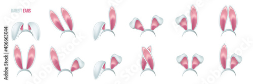 Rabbit ears realistic 3d vector illustrations set. Easter bunny ears kid headband, mask collection. Hare costume pink cartoon element. Photo editor, booth, video chat app color isolated cliparts