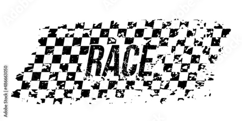 Grunge waving car race flag with scratches, checkered pattern of start and finish of auto rally