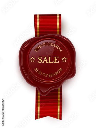 Red wax round seal with ribbon and sale gold stamp, 3d vintage promotion for customers