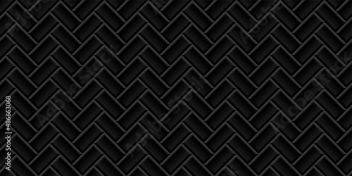Metro black tiles with herringbone patter, subway diagonal seamless texture, ceramic brick wall