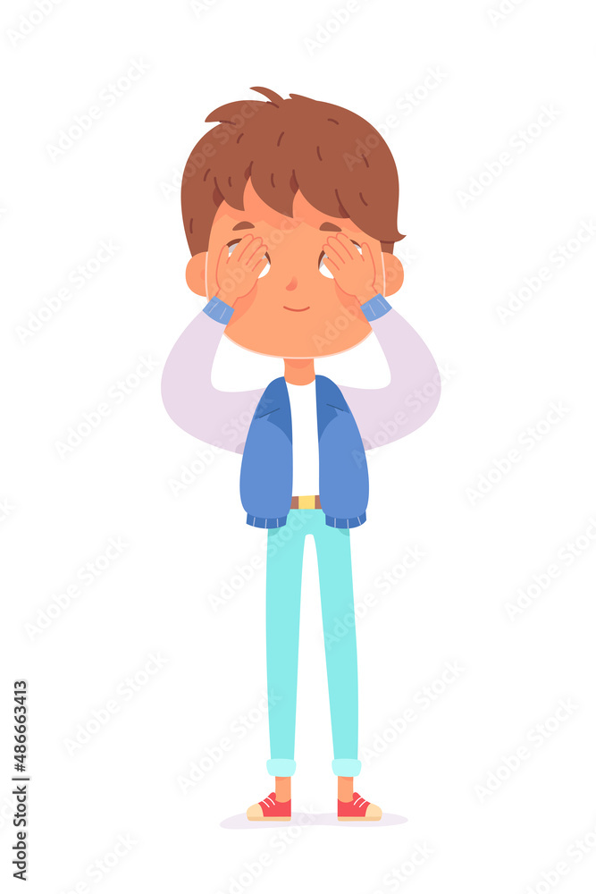 Cute boy covering eyes with arms, shyness action of surprised kid with funny face Cute boy covering eyes with arms, shyness action of surprised kid with funny face