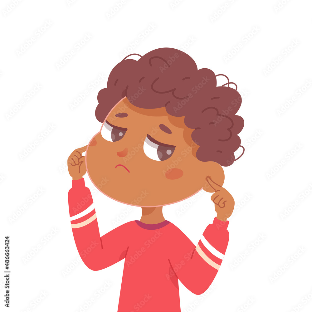 Sad kid covering ears with fingers and hands, unhappy boy standing and ignoring noise Sad kid covering ears with fingers and hands, unhappy boy standing and ignoring noise
