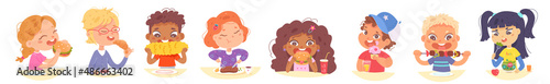 Cute kids eat food set, hungry boy and girl eating dinner, breakfast or lunch meal