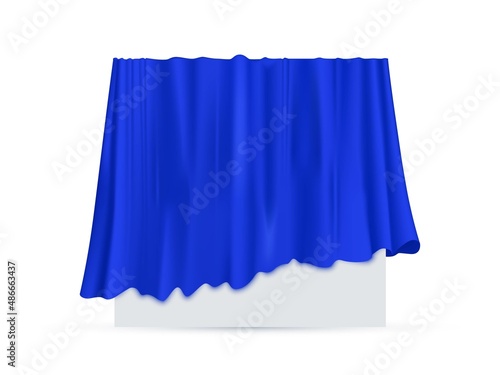 Blue cloth drapery covering rectangle table. Silk fabric hanging on gift for surprise reveal vector illustration. Hidden secret under veil decoration. Mysterious presentation event