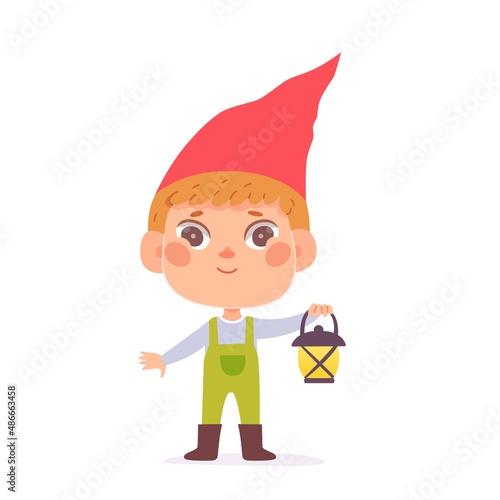 Young garden gnome holding lantern, small magic adorable character with lamp, cute boy