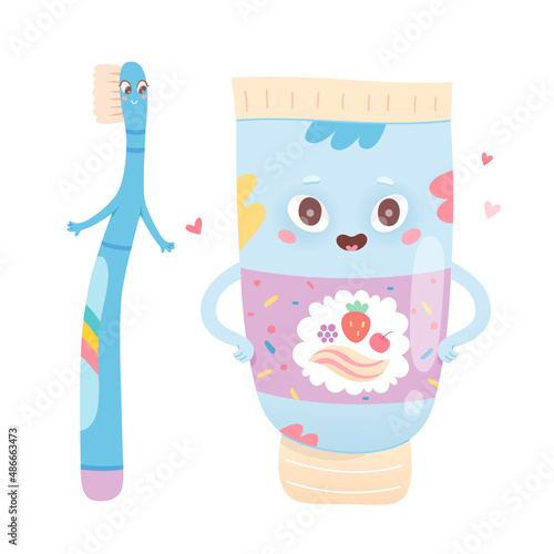 Funny kawaii toothbrush and toothpaste characters, cute brush with bristle, tooth paste